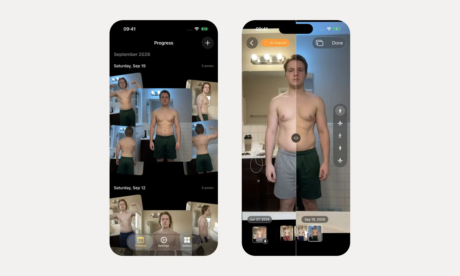 Two iPhone screenshots of Progress: a timeline of photo sessions grouped by date, and an AI-aligned comparison with a slider between June 27 and September 19.