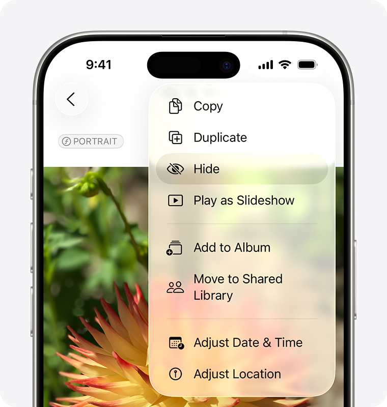 Apple’s iPhone Photos menu with Hide highlighted