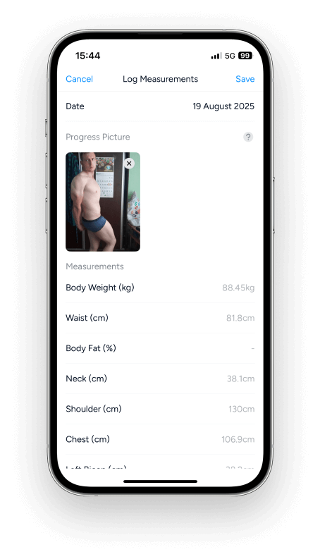 Hevy’s official Log Measurements screen showing a progress picture beside body measurements