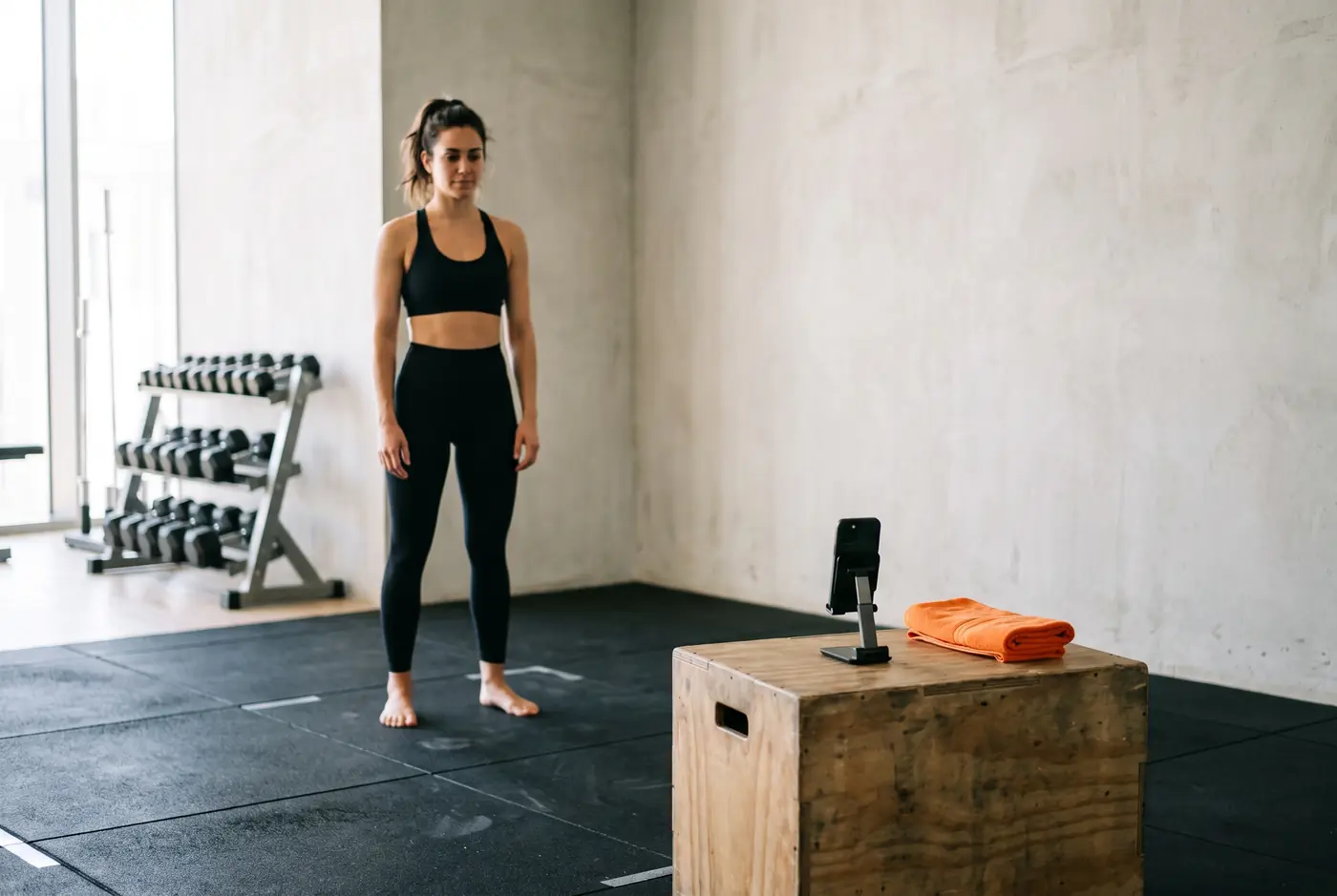 A woman in black leggings and a sports top stands relaxed in a quiet gym corner, facing a phone in a small stand on a wooden plyo box a few meters away, with a dumbbell rack behind her
