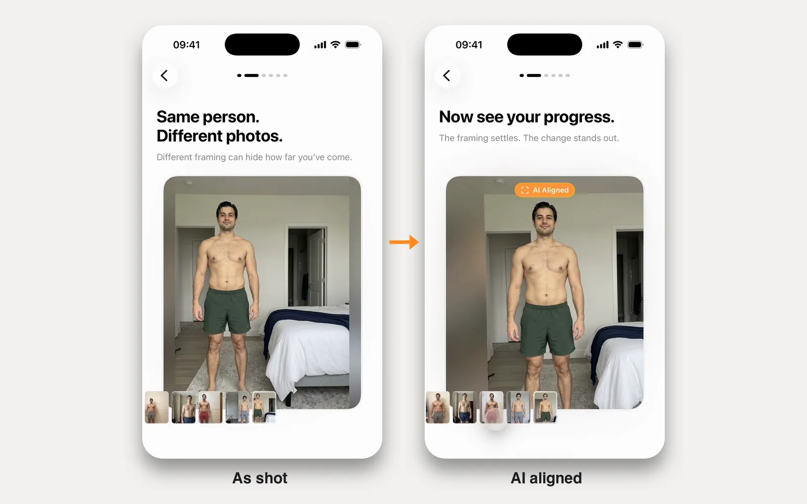 Two Progress onboarding screens side by side: a sample photo framed differently from the rest of the series, then the same photo AI aligned to match