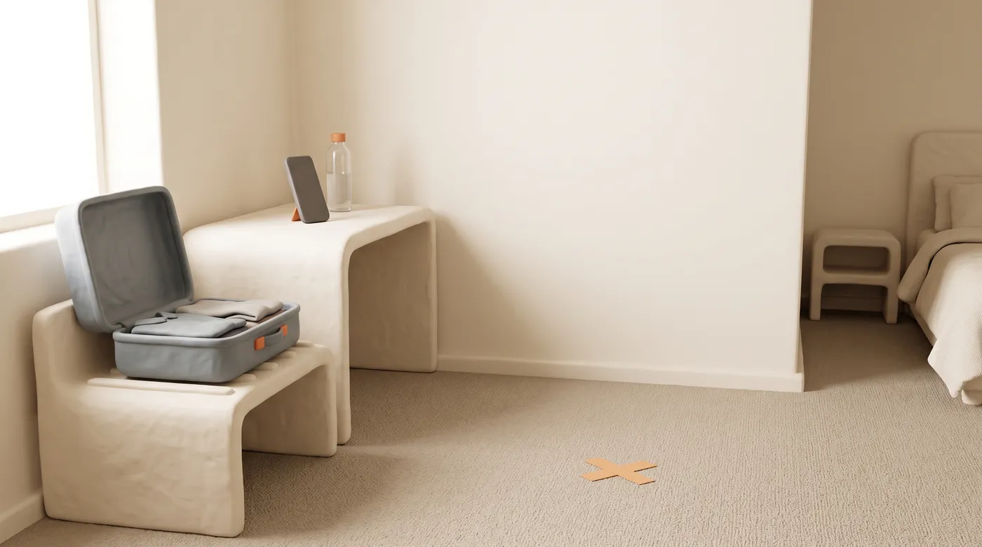Soft 3D illustration of a hotel room with an open suitcase, a phone propped upright against a water bottle on a desk, and an orange tape cross on the carpet facing a plain wall