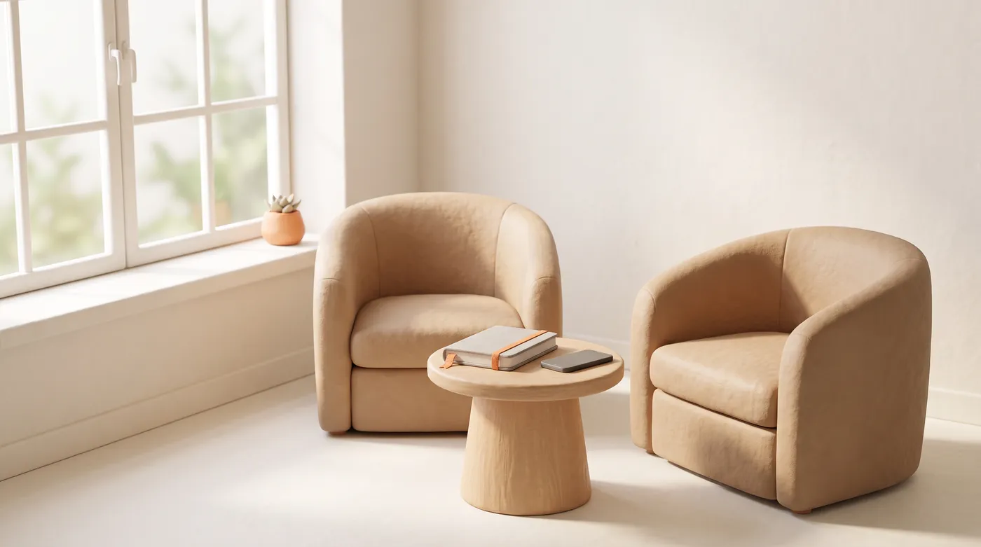 Soft 3D illustration of two rounded armchairs by a bright window with a small round table between them holding a notebook with an orange band and a phone lying face down