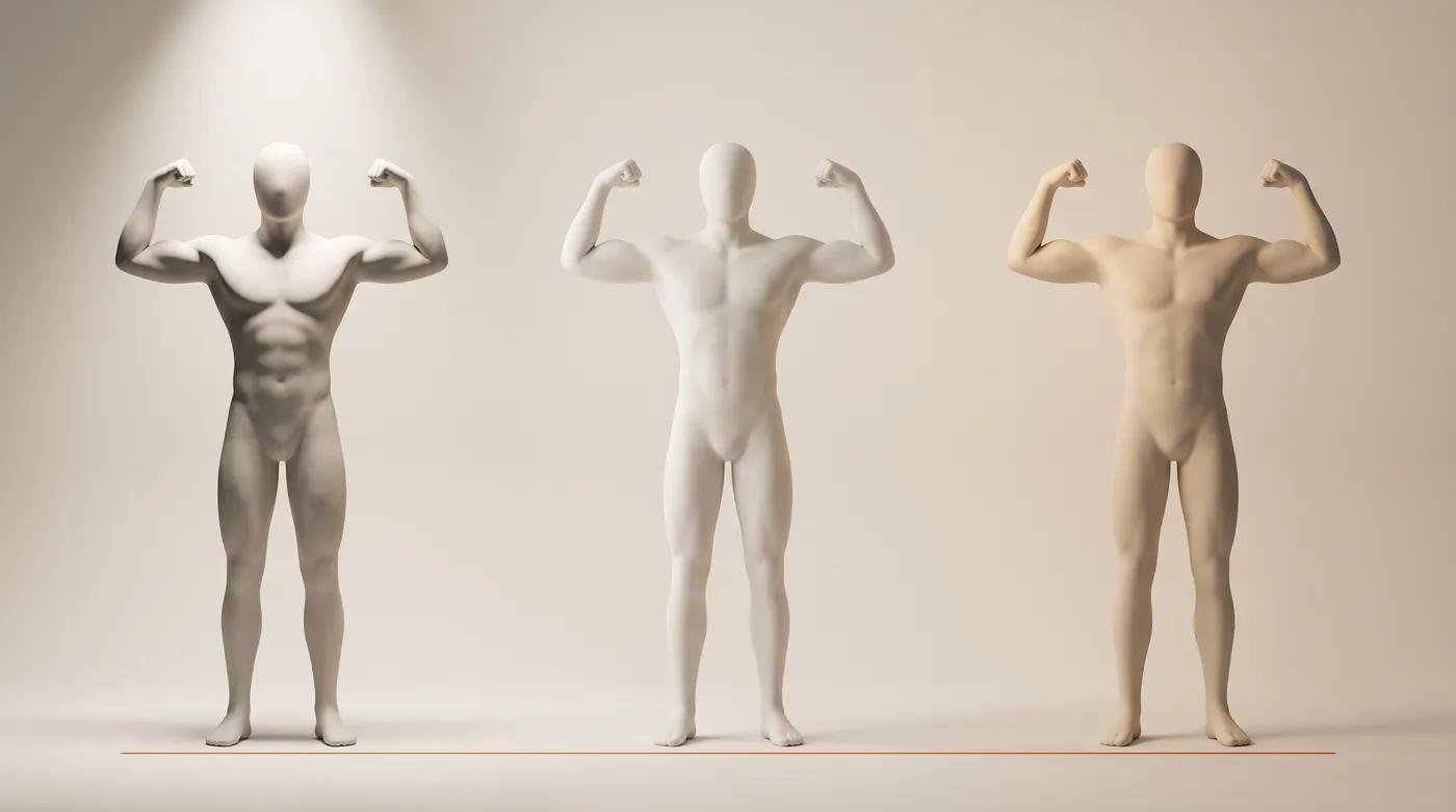 Soft 3D illustration of three identical mannequins in a front double-biceps pose: under a harsh overhead spotlight they look shredded, in soft window light even, and in dim lamplight flat