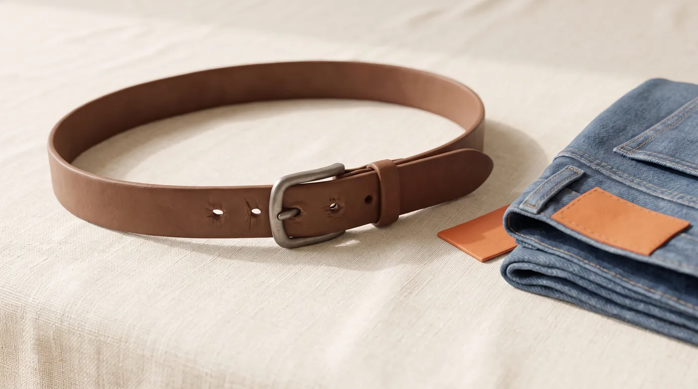 Soft 3D illustration of a leather belt on linen fastened at a tighter notch, older notches worn behind it, beside folded jeans with an orange label