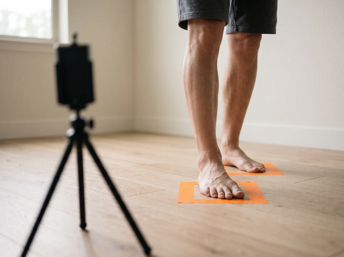 Bare feet standing on two squares of orange painter's tape on a light oak floor, with a phone on a small tripod blurred in the foreground.