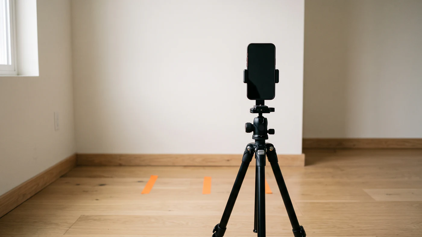 A phone mounted vertically on a tripod at chest height in a daylit room, facing a plain off-white wall, with strips of orange tape on the wood floor marking where to stand.