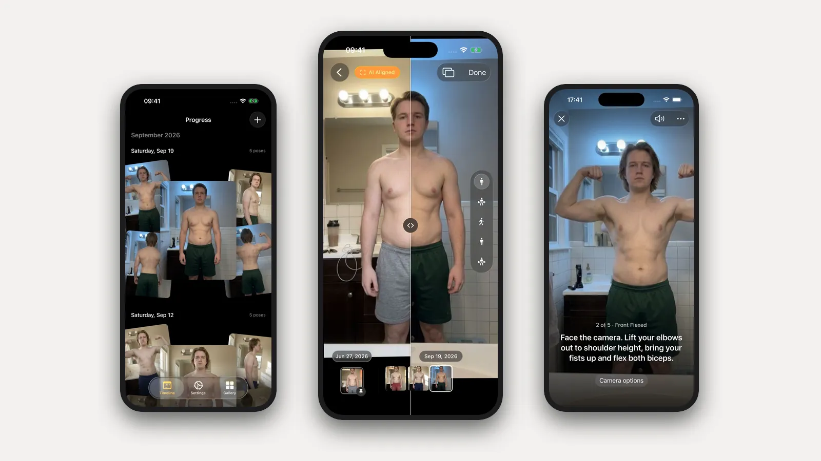 Progress photo timeline, aligned comparison and guided capture