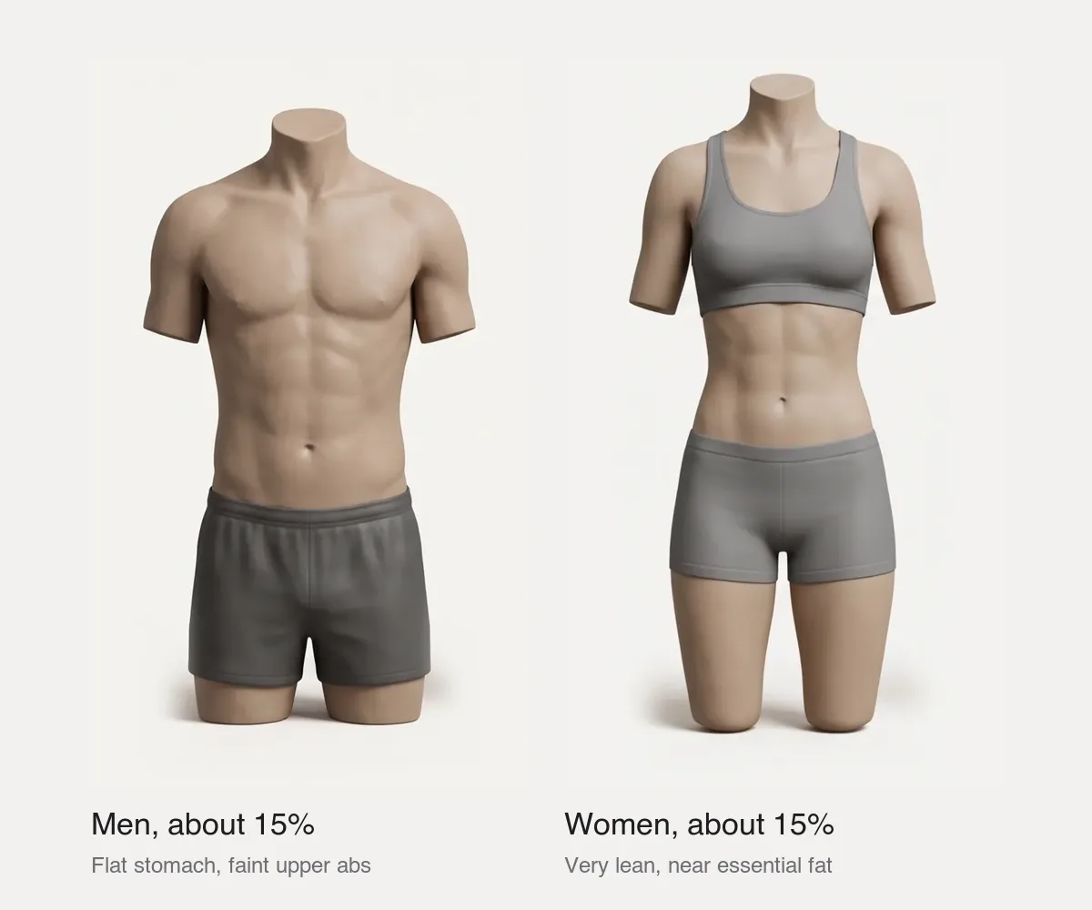 Two clay torsos side by side at about 15 percent body fat: the man has a flat stomach with faint upper abs, the woman is very lean with visible abs and narrow hips
