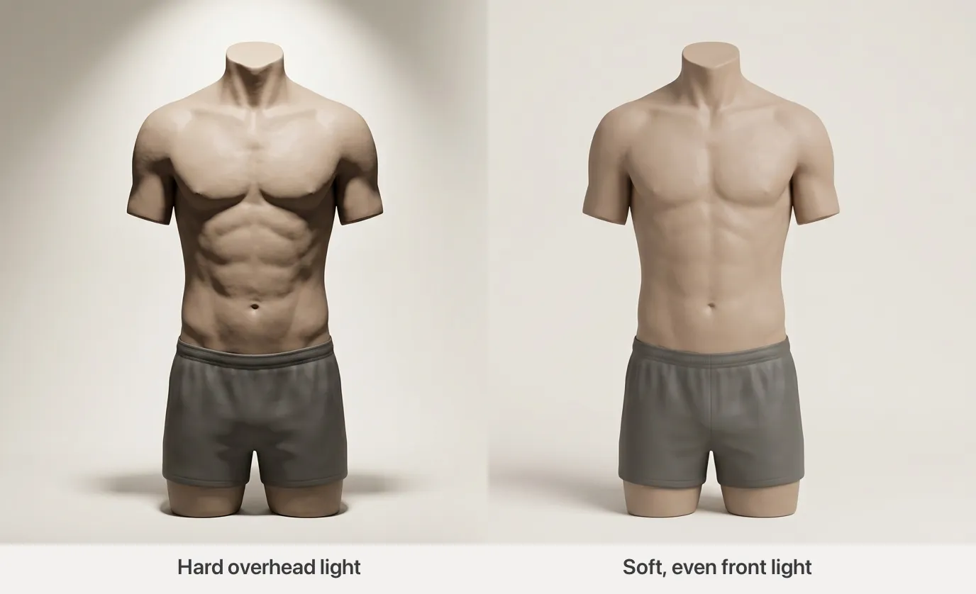 Two identical clay torsos side by side. The left one, lit by a hard overhead spotlight, shows deep shadows between every ab segment; the right one, in soft even front light, looks smoother and softer