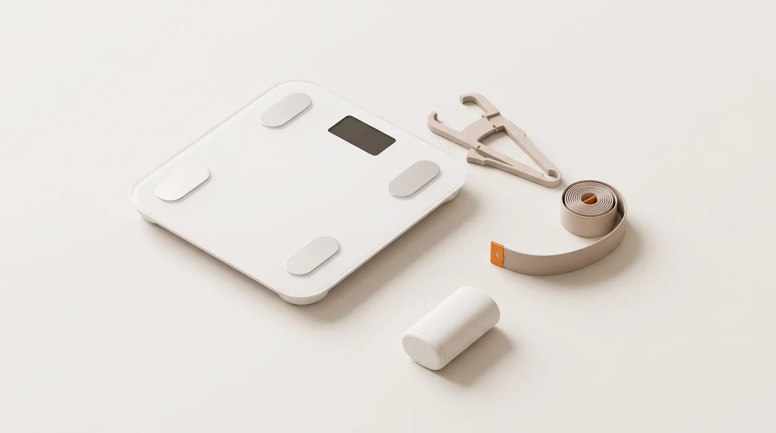 Soft 3D illustration of a white bathroom smart scale, plastic skinfold calipers and a coiled tape measure with an orange tab on an off-white surface