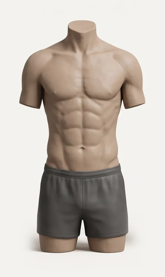 Clay illustration of a man's torso at about 8 to 10 percent body fat: a crisp six-pack, oblique lines and a narrow waist
