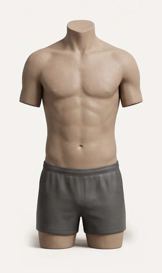 Clay illustration of a man's torso at about 12 to 15 percent body fat: a flat stomach with upper abs still visible