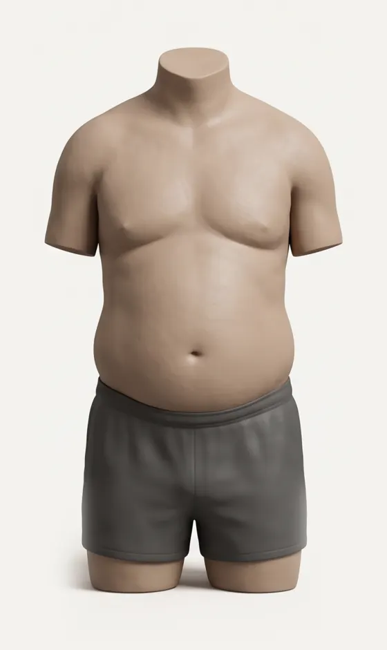 Clay illustration of a man's torso at 30 percent body fat or more: the waist is wider than the chest and the belly is rounded