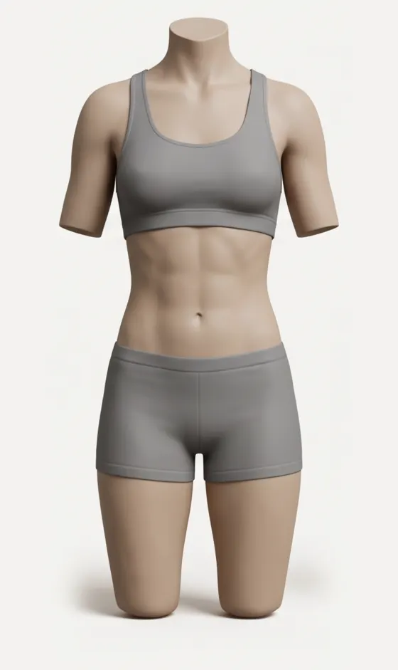 Clay illustration of a woman's torso in a sports top and shorts at about 15 to 17 percent body fat: visible upper abs and narrow hips