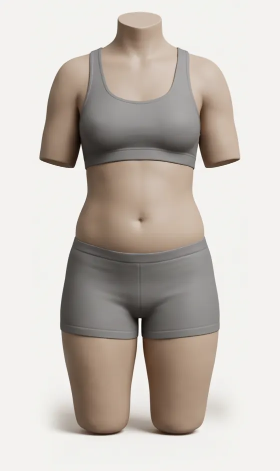 Clay illustration of a woman's torso at about 30 percent body fat: a softer lower belly and a smaller waist-to-hip difference