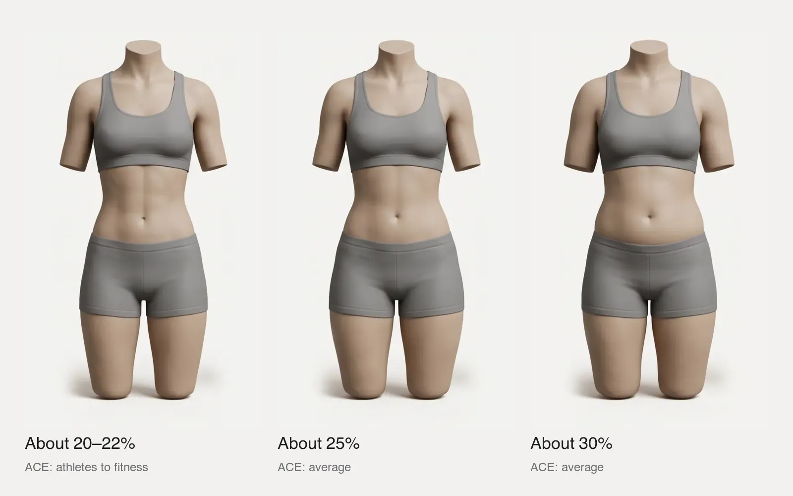 Three clay torsos of a woman at about 20 to 22, 25 and 30 percent body fat: the stomach softens and the hips and thighs get fuller from left to right, and all three are within healthy ranges