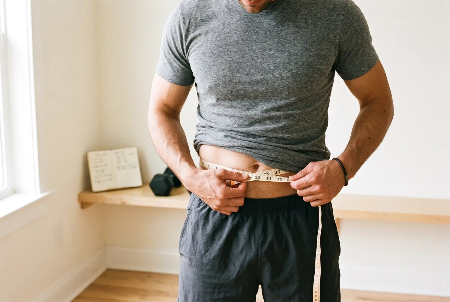 A man in a gray t-shirt holds a cloth tape measure level around his waist at the navel in a bright room, with a notebook and dumbbell on a shelf behind him