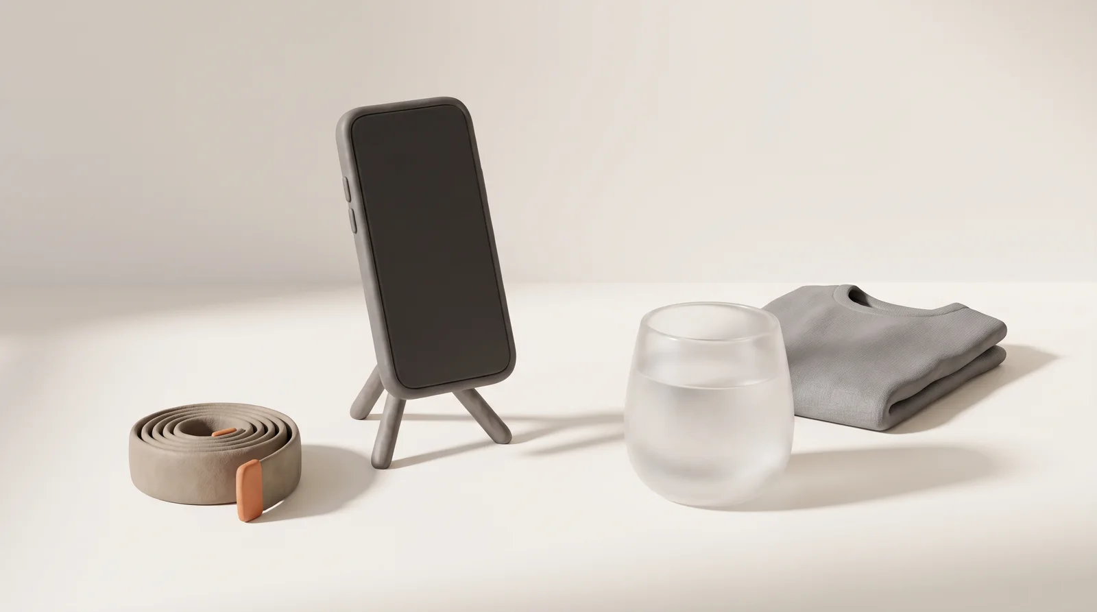 Soft 3D clay still life of a coiled tape measure with an orange tab, a phone standing on a small tripod, a glass of water and a folded gray t-shirt on a warm off-white surface