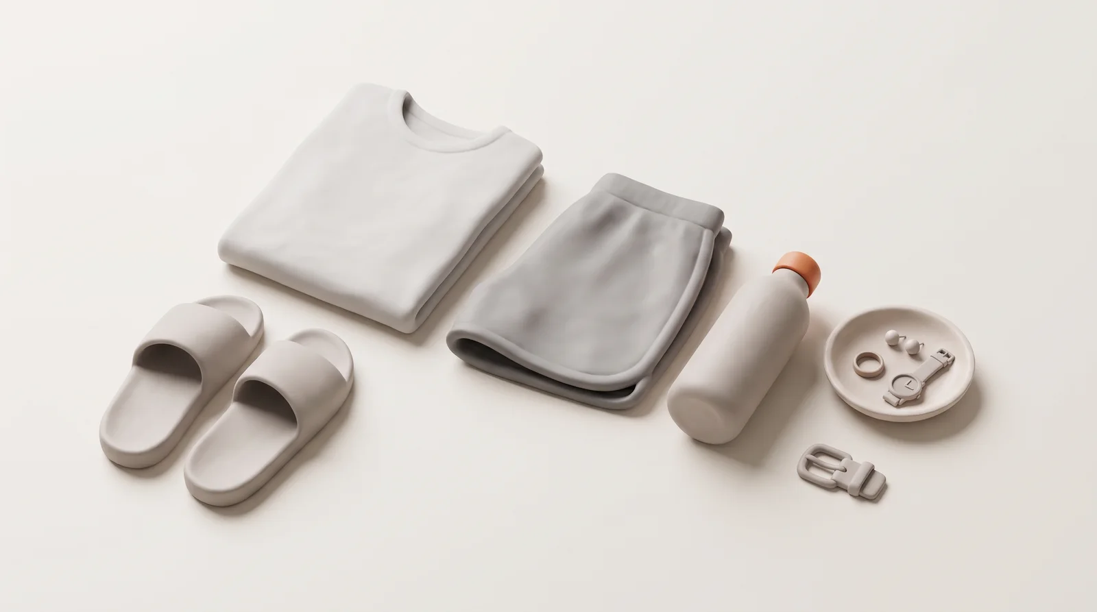 Soft 3D clay flat-lay of plain gray t-shirt and shorts without zippers, slide sandals, a water bottle with an orange cap, and a small dish holding a ring, earrings, a watch and a belt buckle that have been taken off