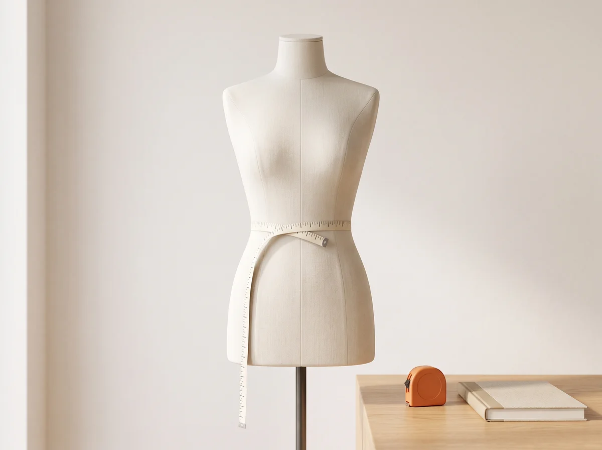 A cloth tape measure wrapped level around the waist of a fabric dress form, with an orange tape-measure case and a notebook on a wooden table beside it