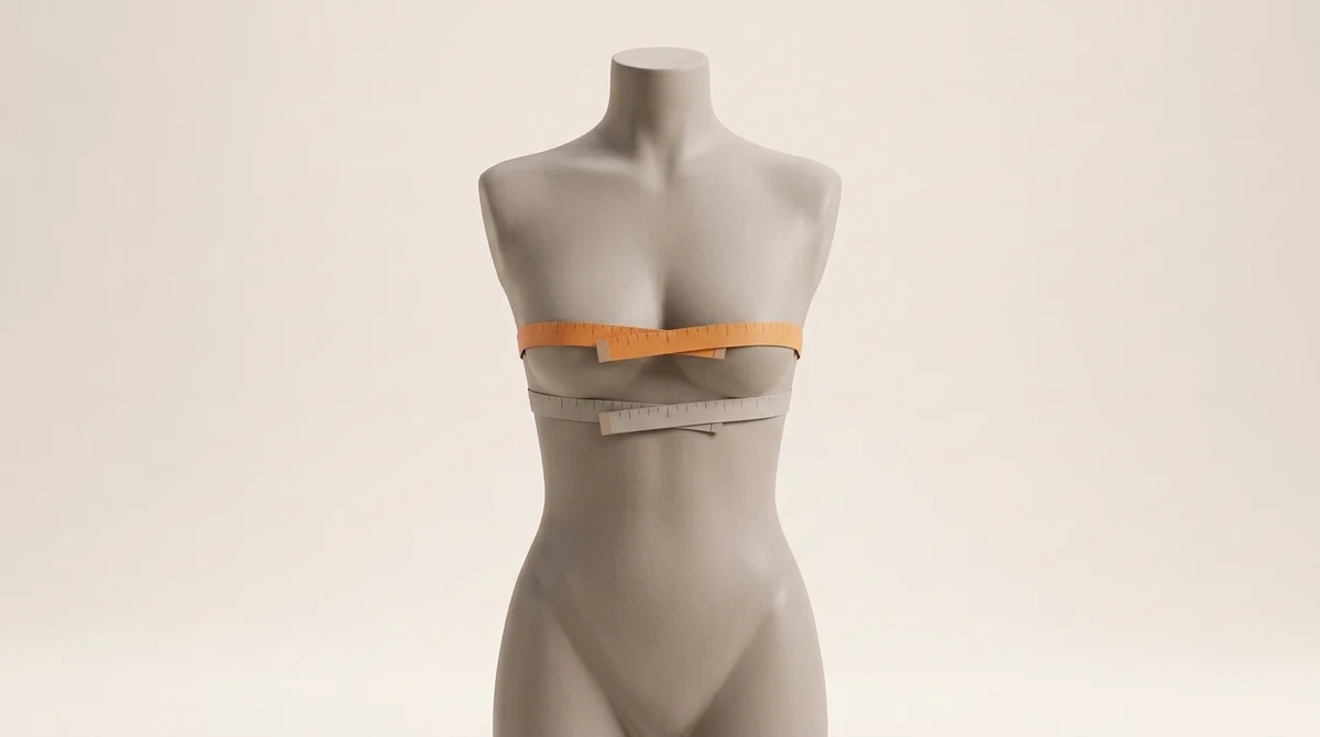 Illustration: clay dress form with an orange tape measure level around the fullest part of the bust and a gray tape directly below the bust around the ribcage
