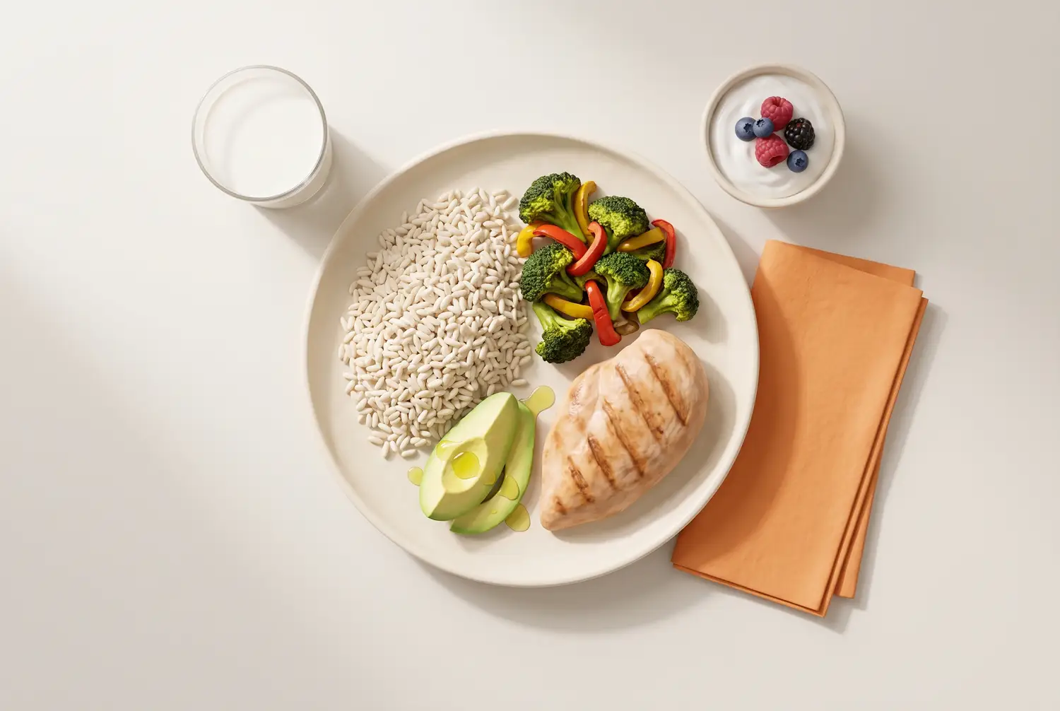 Soft clay illustration of a lean bulk dinner plate seen from above: grilled chicken breast, a large portion of rice, broccoli and peppers, and avocado with olive oil, beside a glass of milk and a bowl of yogurt with berries