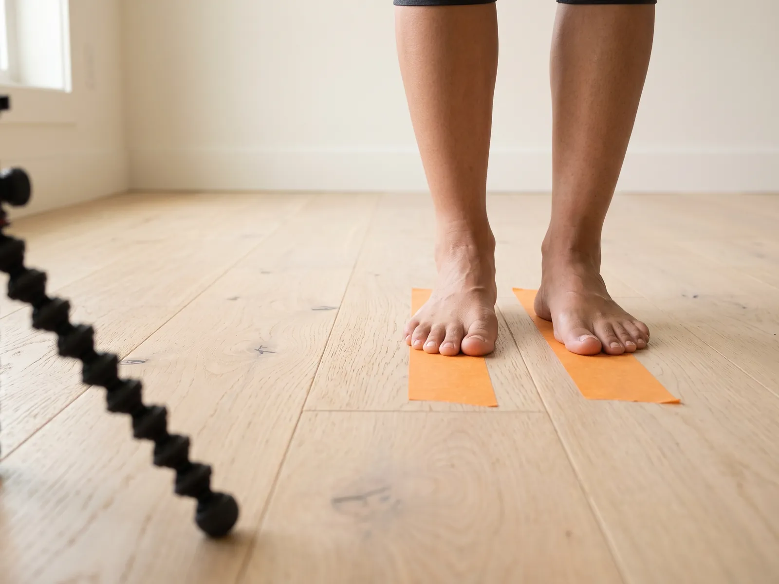 Bare feet stepping onto two parallel strips of orange painter's tape on a light wood floor, with a small phone tripod blurred in the foreground