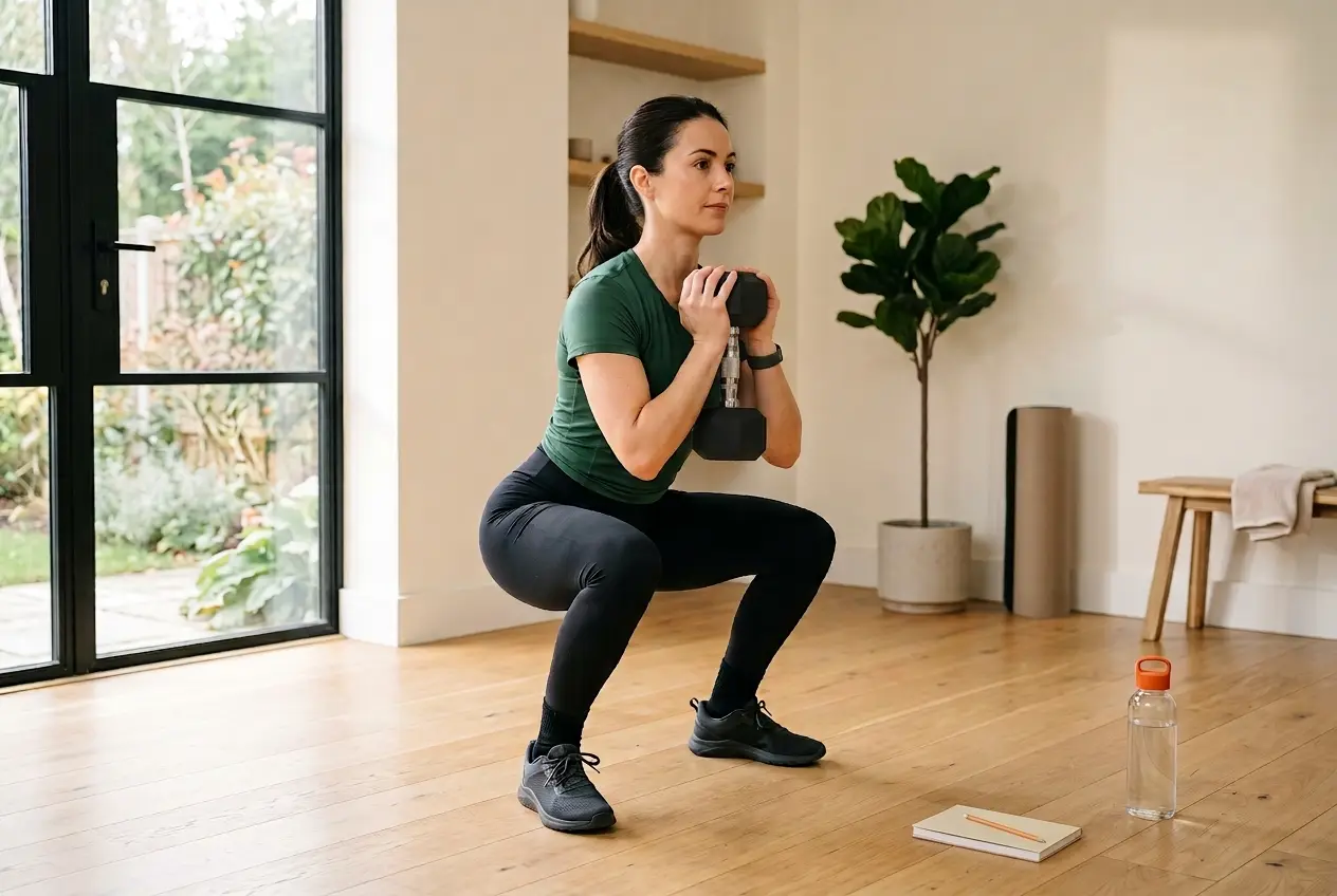 A woman in a green t-shirt and black leggings does a goblet squat with one dumbbell in a bright home gym, with a closed notebook and a water bottle on the oak floor