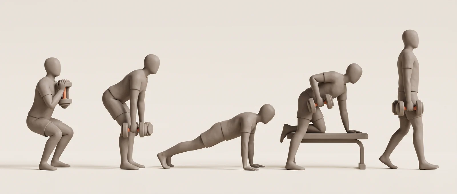Clay illustration of five mannequins demonstrating, from left to right, a goblet squat, a dumbbell Romanian deadlift, a push-up, a one-arm dumbbell row on a bench, and a farmer's carry