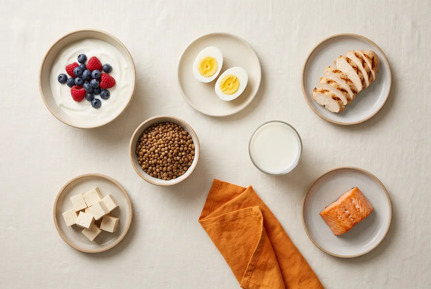 Overhead view of protein-rich foods on a linen table: Greek yogurt with berries, halved boiled eggs, sliced grilled chicken, lentils, tofu cubes, a glass of milk and a salmon fillet