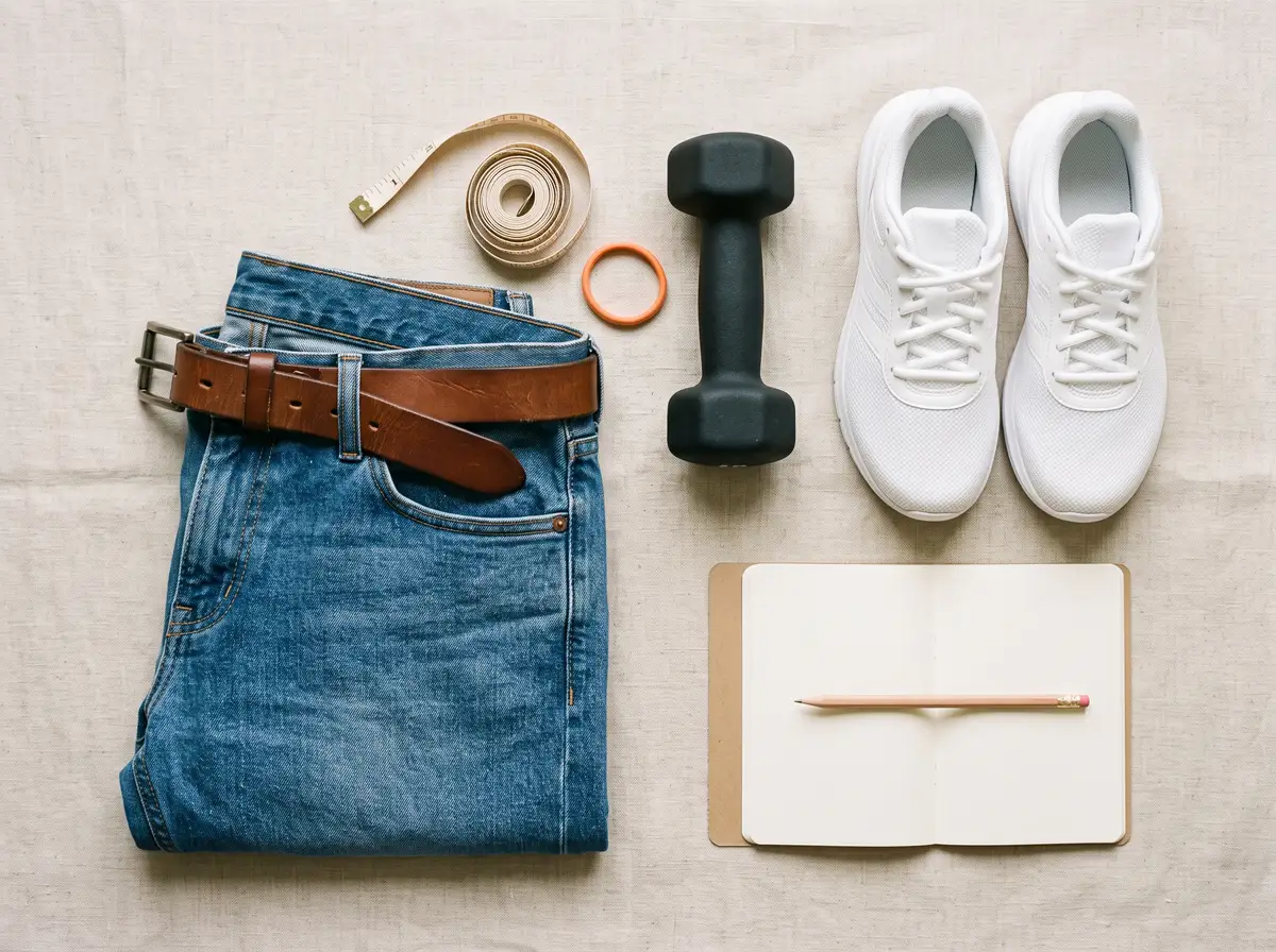 Flat lay on linen: folded blue jeans with a leather belt, a coiled tape measure, an orange hair tie, a black dumbbell, white running shoes and an open blank notebook with a pencil