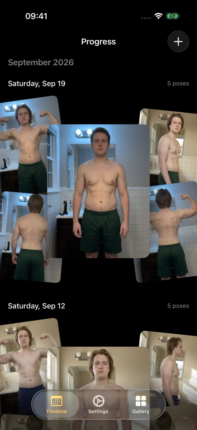 Progress photo journal showing dated sessions with multiple poses.