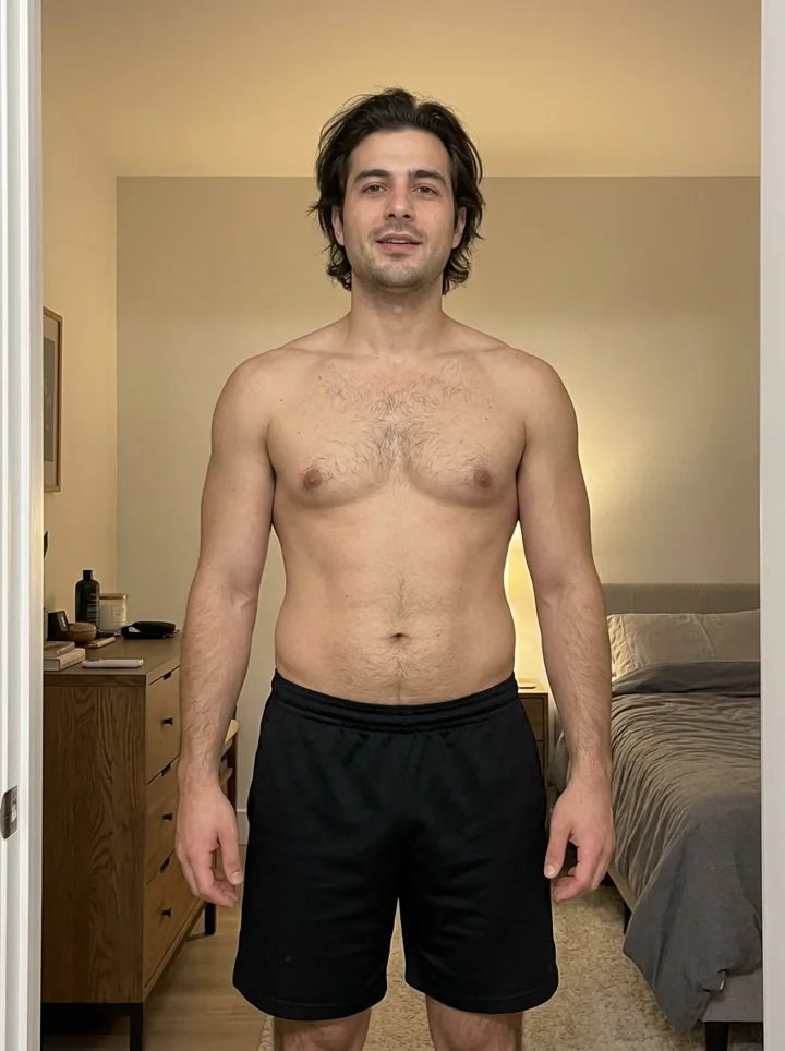 Illustrative sample front progress photo of a man from the middle of a series of sessions
