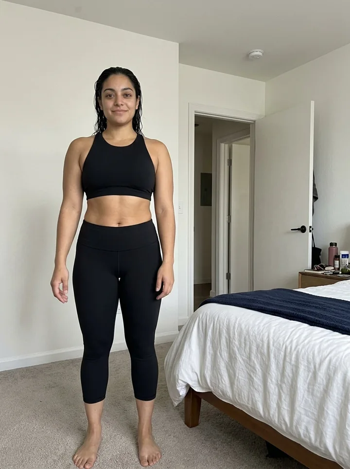Illustrative sample progress photo, front relaxed pose, plain room