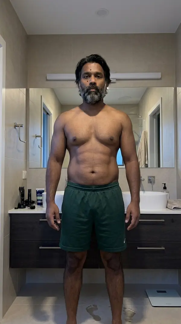 Illustrative sample front relaxed progress photo of Arjun at week 16
