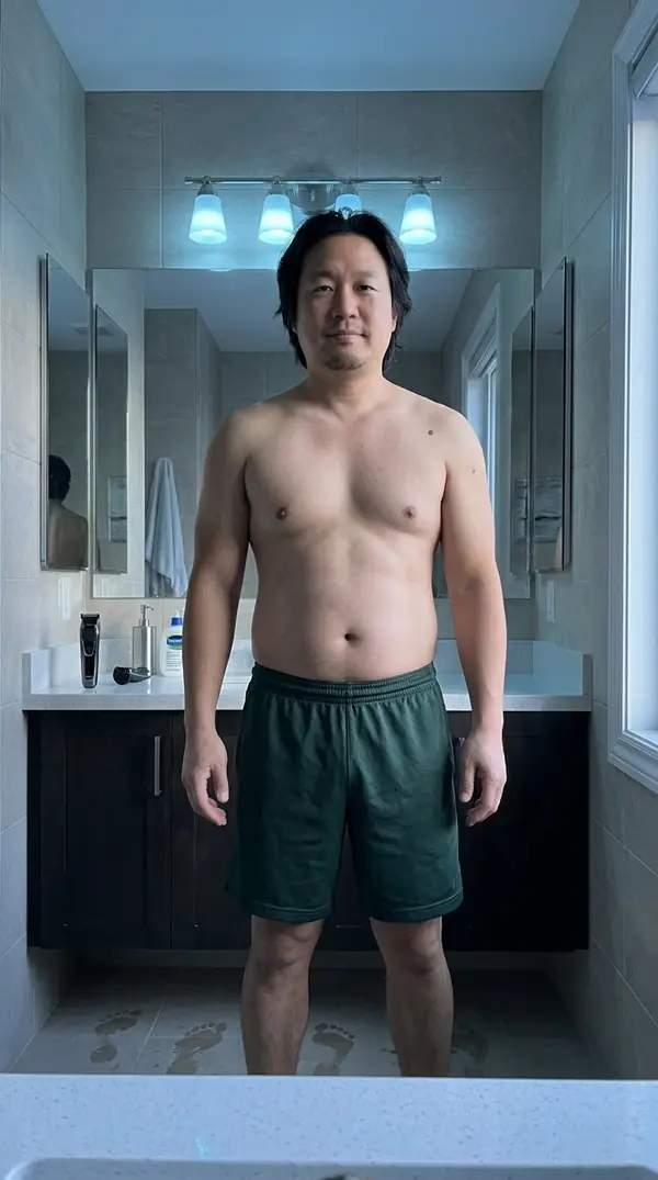 Illustrative sample progress photo of Kenji, front relaxed pose, at week 16 of 16 weekly sessions