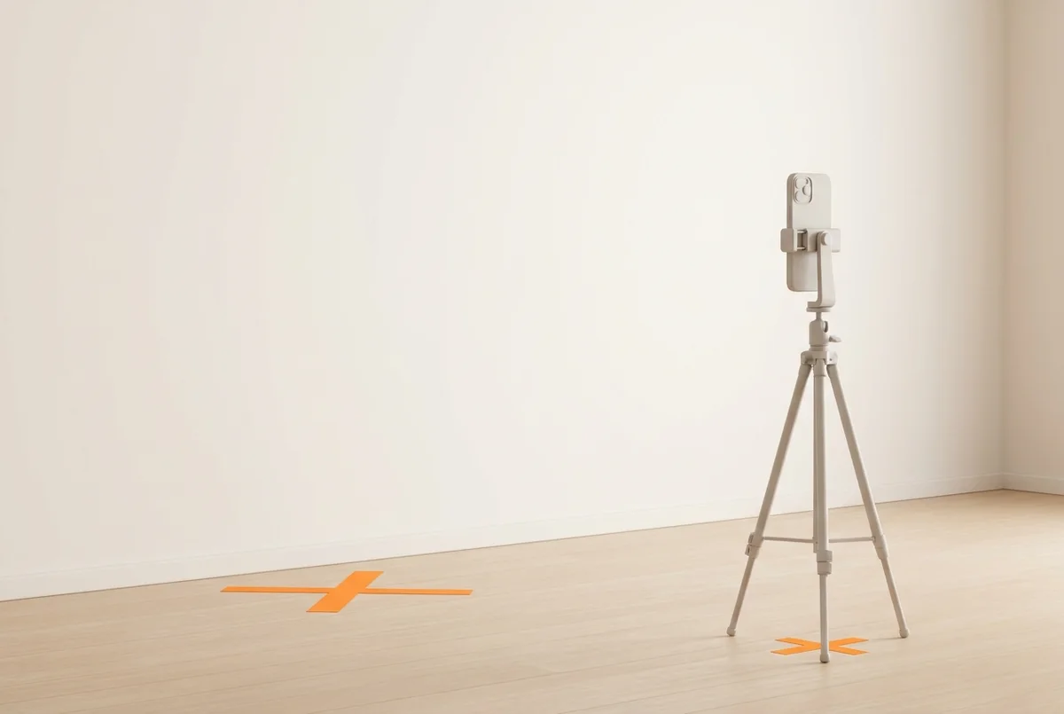 Soft 3D illustration of a bright, empty room with an orange tape cross on the floor in front of a plain wall and a phone in portrait orientation on a tripod across the room, its feet marked with tape.