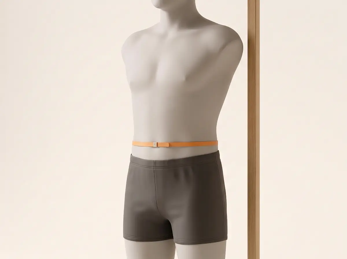A grey clay mannequin in dark athletic shorts with a thin orange tape measure wrapped level around the abdomen across the navel, beside a wooden height rod