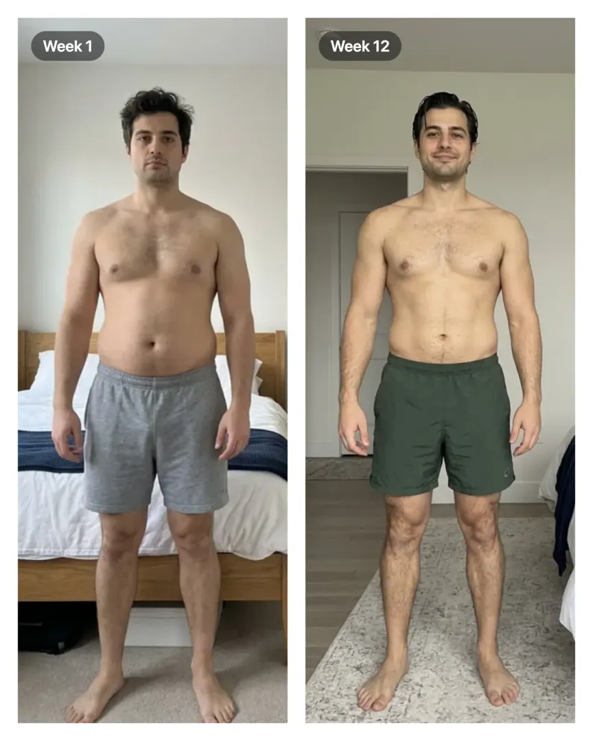 Side-by-side before and after photo of the same man at week 1 and week 12, lined up to the same scale and position