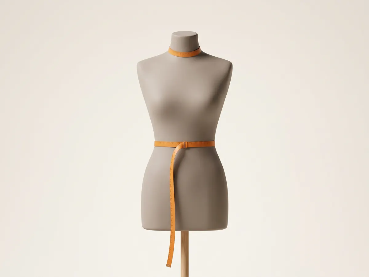 Illustration of a grey tailor's dress form with an orange measuring tape wrapped level around the waist and another around the neck