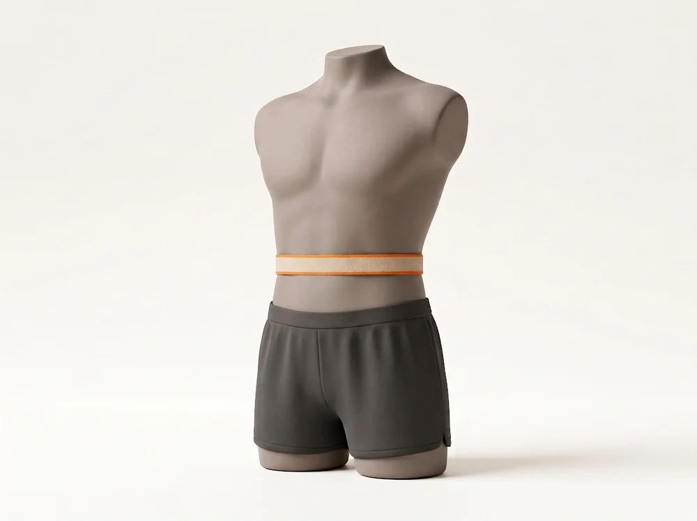 3D illustration of a mannequin torso with a cloth tape measure wrapped level around the waist at navel height
