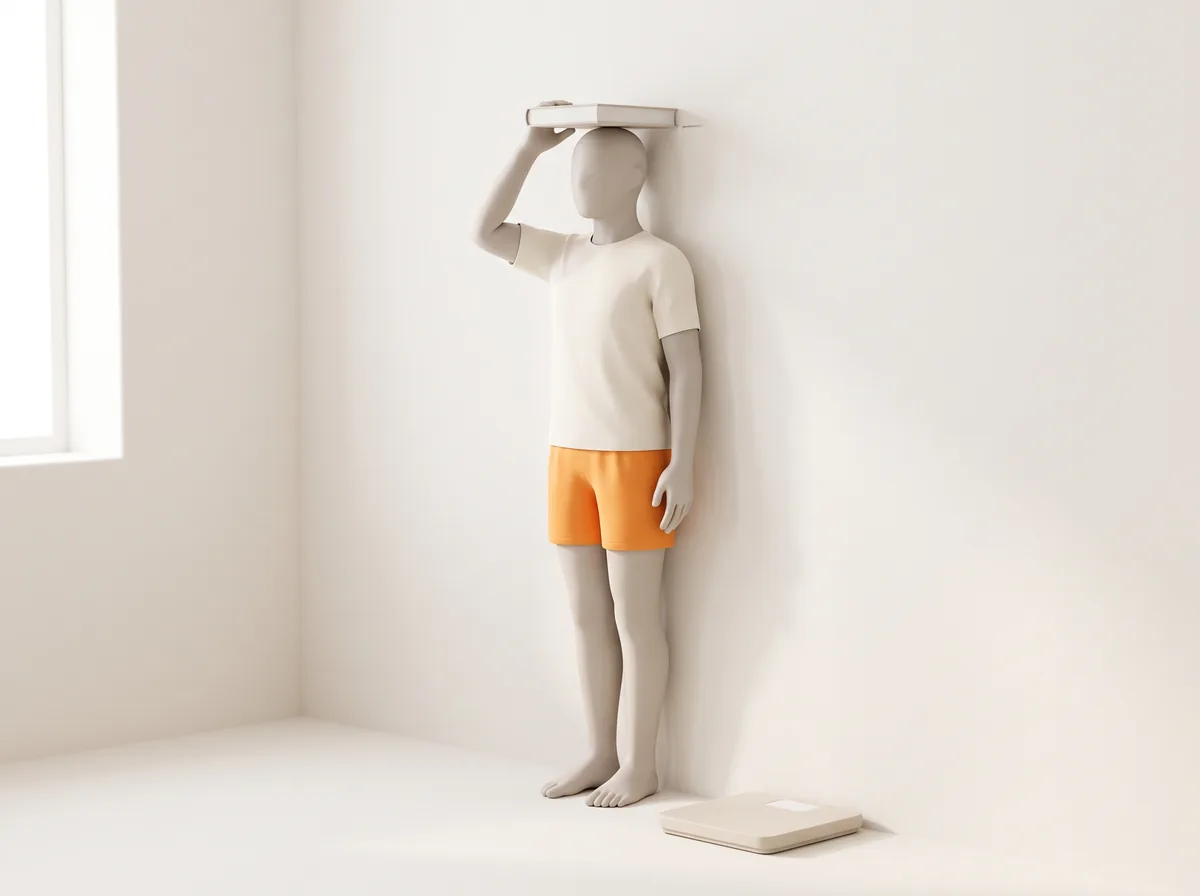 3D illustration of a figure standing barefoot against a wall with a book flat on its head to mark height, next to a bathroom scale