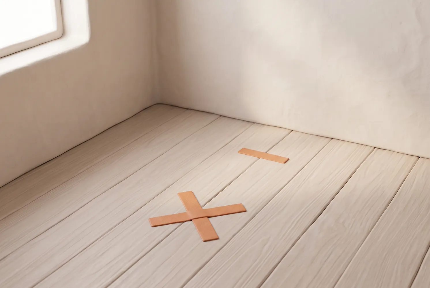 Illustration of a quiet room corner with soft window light and two pieces of orange tape on a pale wooden floor, one marking where to stand and one marking where the camera goes