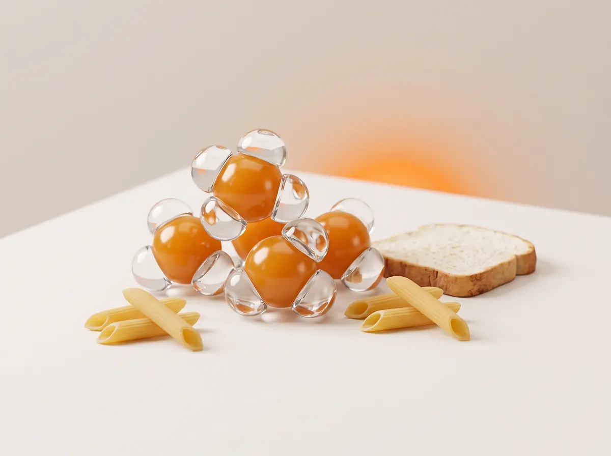 Soft 3D illustration of glossy orange spheres representing glycogen, each wrapped in three or four clear water droplets, next to penne pasta and a slice of bread